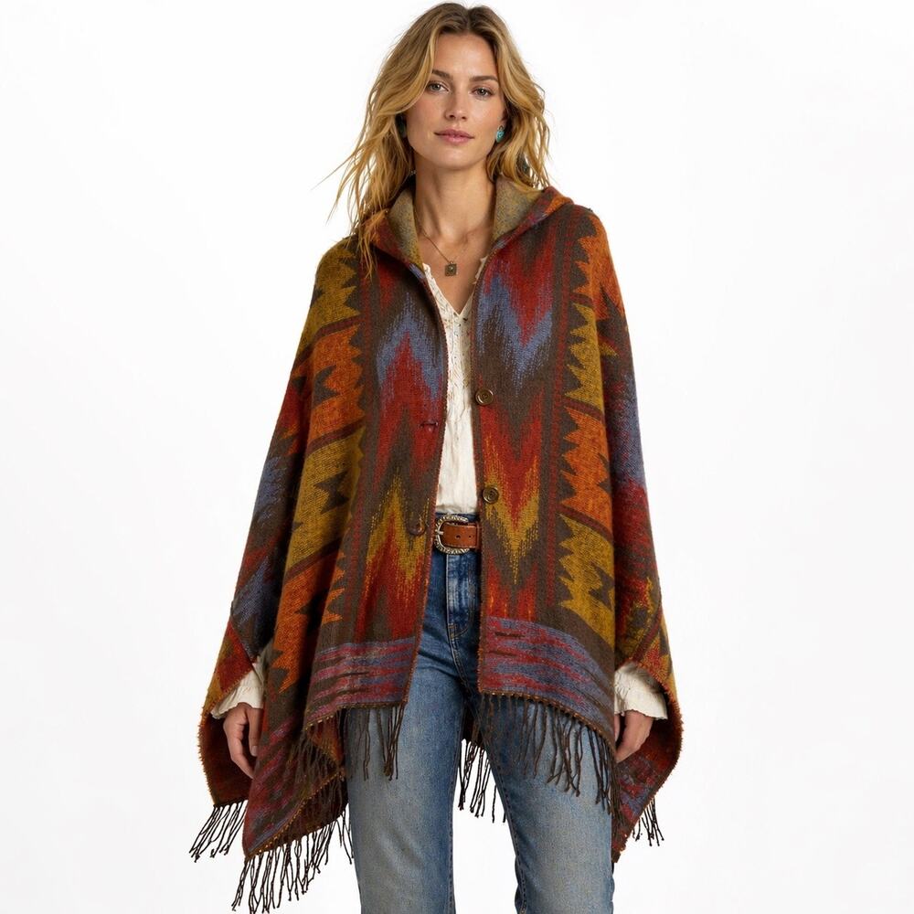 Southwestern Aztec Hooded Poncho Cape Shawl Fringe Button Front Boho Warm